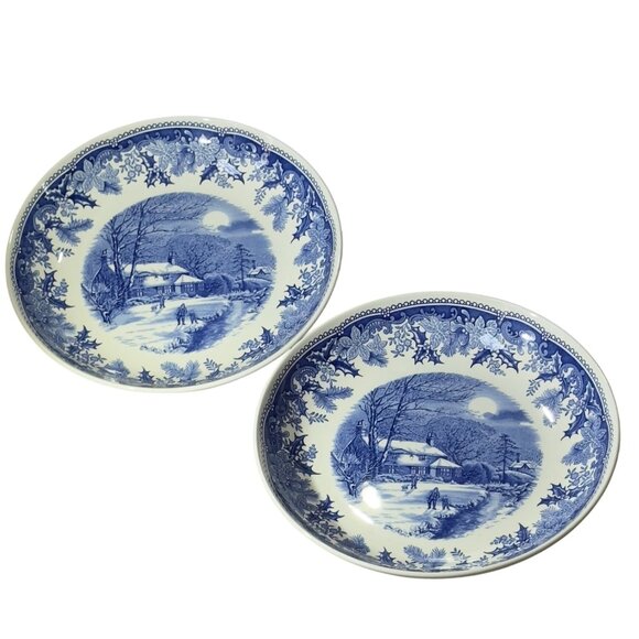 Spode Winters Eve Blue & White 10 Inch Dia. Pasta Plate Set of 2 - Picture 3 of 8